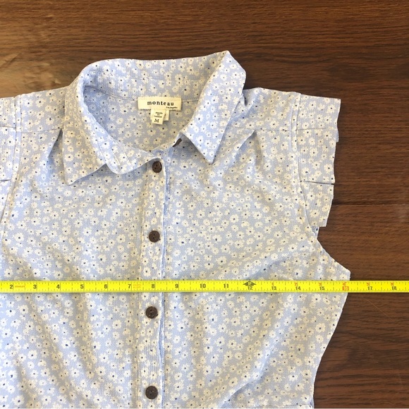 MONTEAU Women Blue/White Floral Print Cap Sleeve Button Up Midi Dress Sz M - Picture 11 of 14